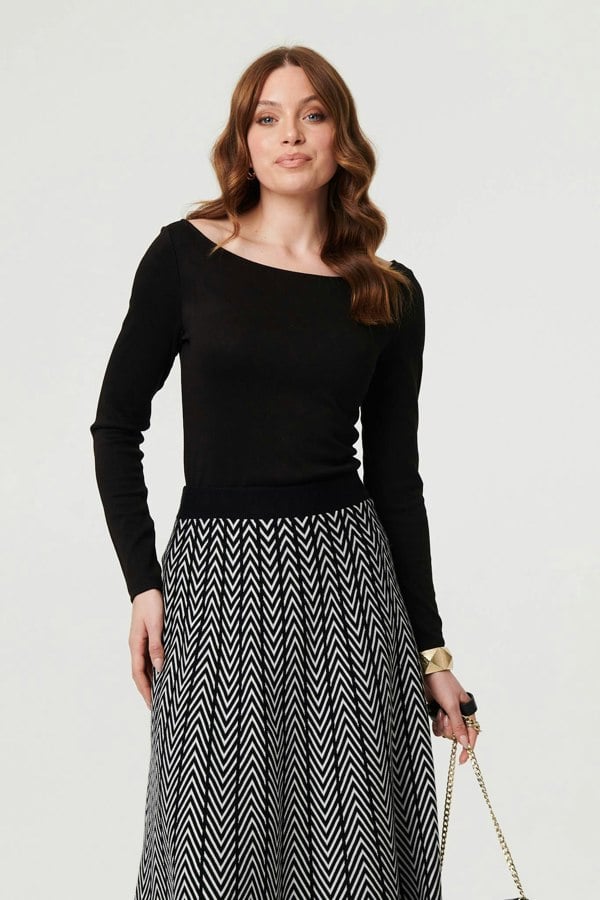 Black | Chevron Print High Waist Knit Midi Skirt
