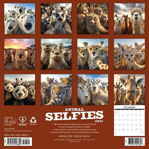 Animal Selfies Calendar 2027, Wall Calendars, Month To View, Animals, Gift