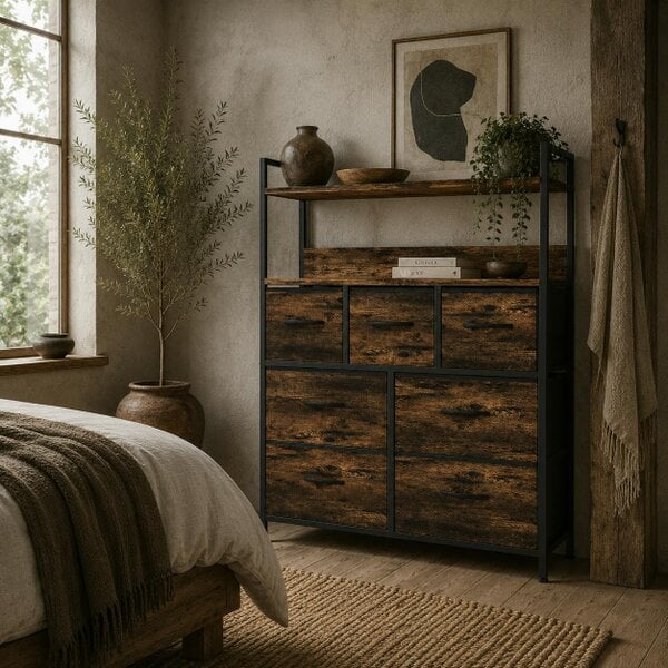 Wyld Haus Haco Fabric And Wood Rustic Brown 7 Drawer Rustic Storage Chest
