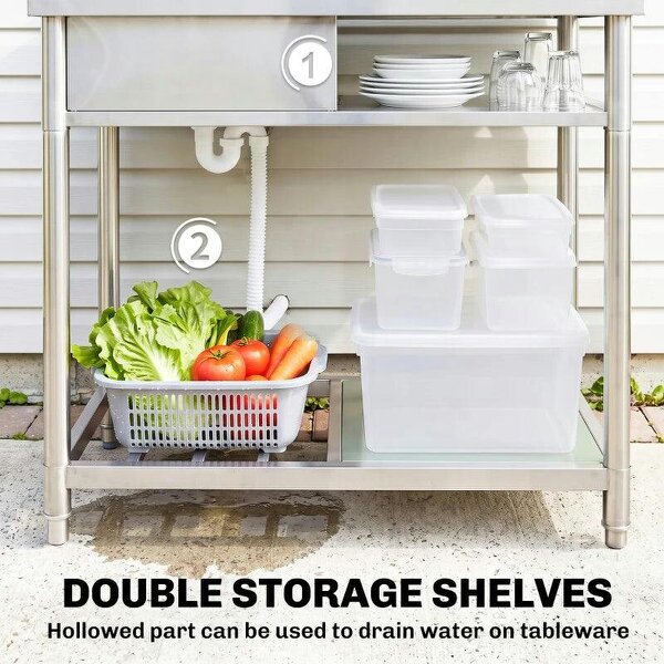 Outdoor Stainless Steel Kitchen Sink, Freestanding Sink Single Bowl with Cold and Hot Water Pipe and Storage Shelves