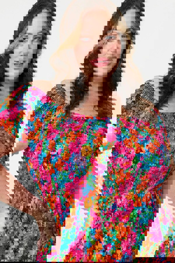 Pink | Floral Knee Length Bardot Dress