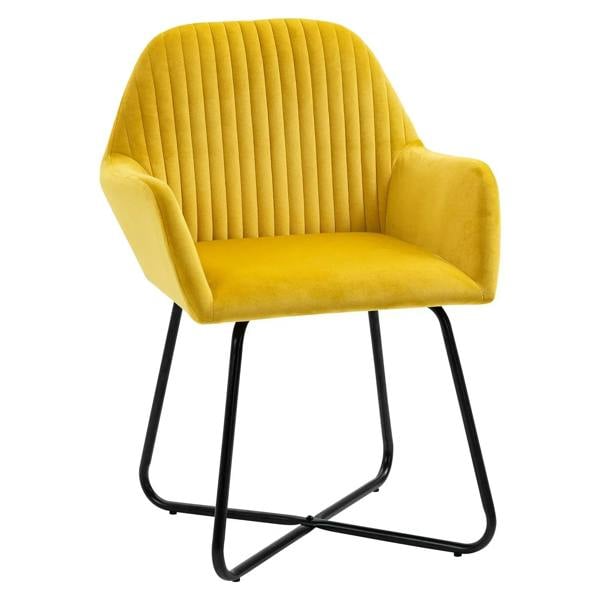 Yellow upholstered accent chair with ribbed channel back and black metal sled base