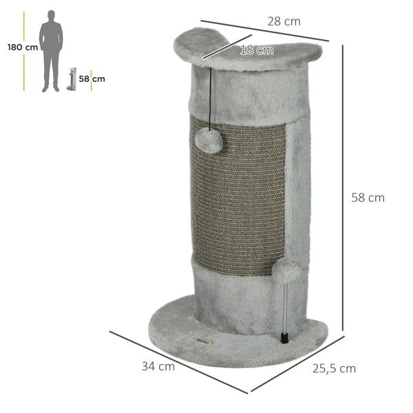 Grey cat scratching post with plush cover, sisal rope center, circular base, hanging ball