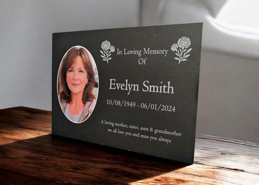 Memorials Direct Photo Slate Memorial Plaque,  Carnation, Add a Portrait & Personalised Text | 35×25cm (14×10”)