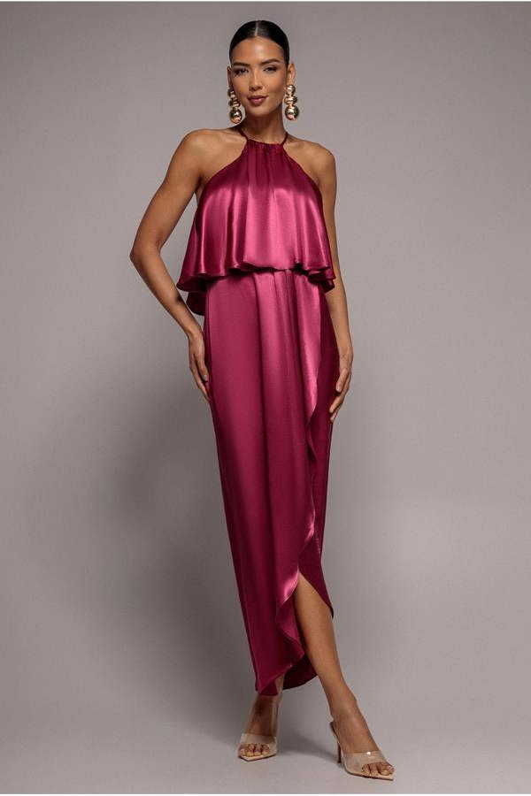 Satin Viscose Front Wrap Midaxi Dress - Burgundy DR4002