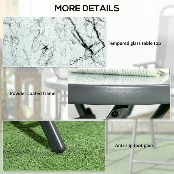 Marble-look tempered glass top on folding outdoor side table with powder-coated frame