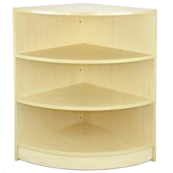 Maple corner counter with three spacious shelves, featuring a smooth finish and a modern design ideal for retail spaces