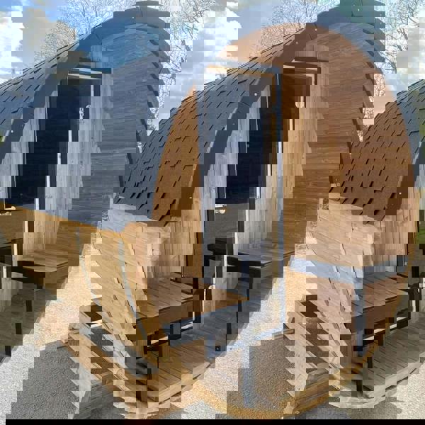 400cm Spruce Barrel Sauna | Thermowood | Terrace | Wood-Fired or Electric.