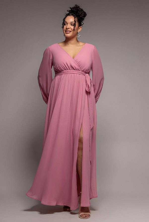 Wrap Back With Front Slit Chiffon Maxi Dress - Dusty Pink DR2800P