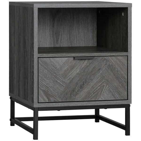 Dark grey bedside table with open shelf, front drawer, and steel legs.