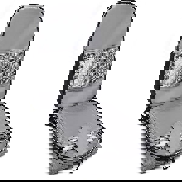 Grey travel commuter backpack with open compartment showing laptop organized slots on a white background by Riseicon