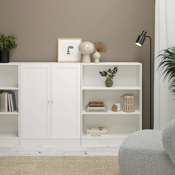 Furniture To Go Basic Low Wide Storage Cabinet in White (2 Shelves) with 2 White Doors