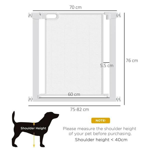White adjustable-width pet safety gate frame with mesh panel and size markings