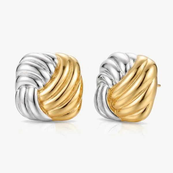 MUCHV Twisted Square Stud Earrings - Gold & Silver Plated
