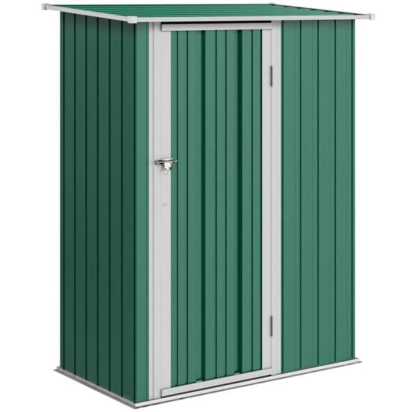 Green metal garden storage shed with sloped roof and double swing doors