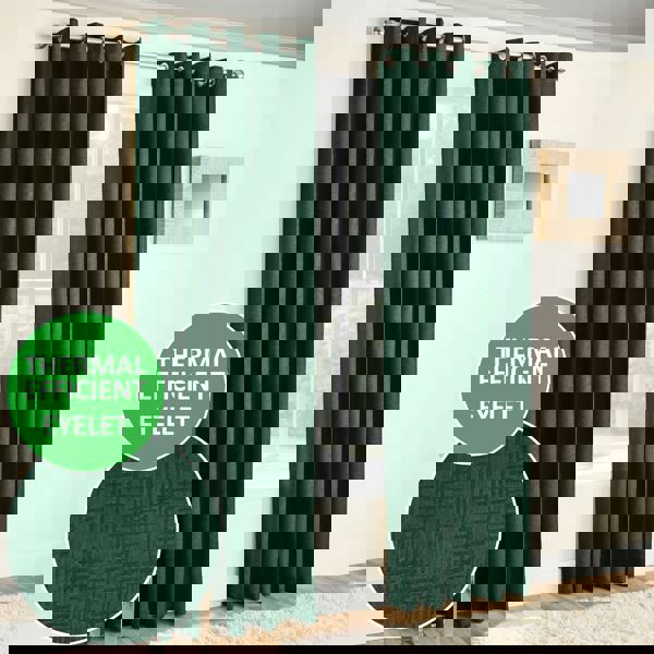 Enhanced Living Green Plain Textured Thermal Room Darkening Energy Saving Pair of Curtains For Bedroom & Living Room