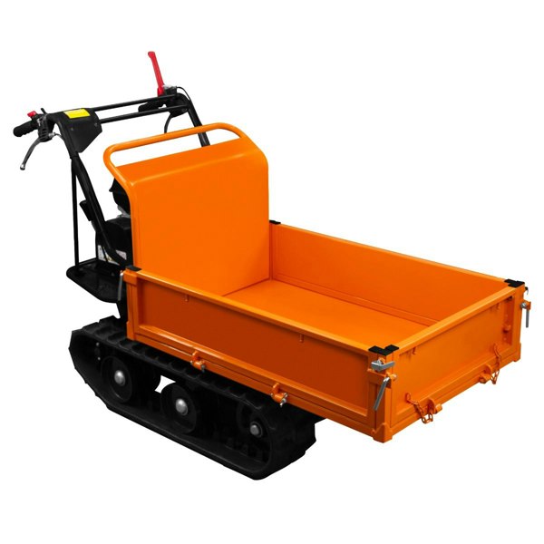 Tracked mini dumper petrol transporter with a bright orange metal body, black rubber tracks, and a sturdy handle for easy maneuvering