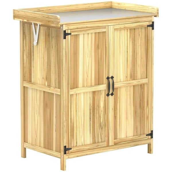 Natural fir wood garden shed cabinet with metal worktop and black corner brackets