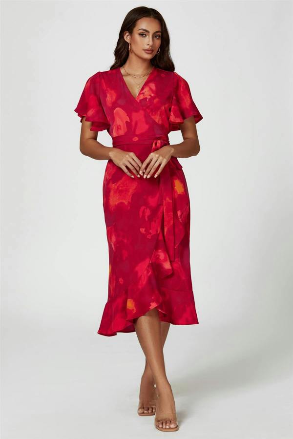 FS Collection Abstract Print Angel Sleeve Wrap Midi Dress In Red