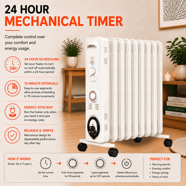 Mylek Oil Filled Electric Portable Heater Radiator with Adjustable Thermostat 2000w With Timer
