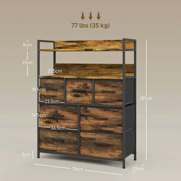 Rustic chest of seven fabric drawers, rustic brown wood-look finish; size diagram