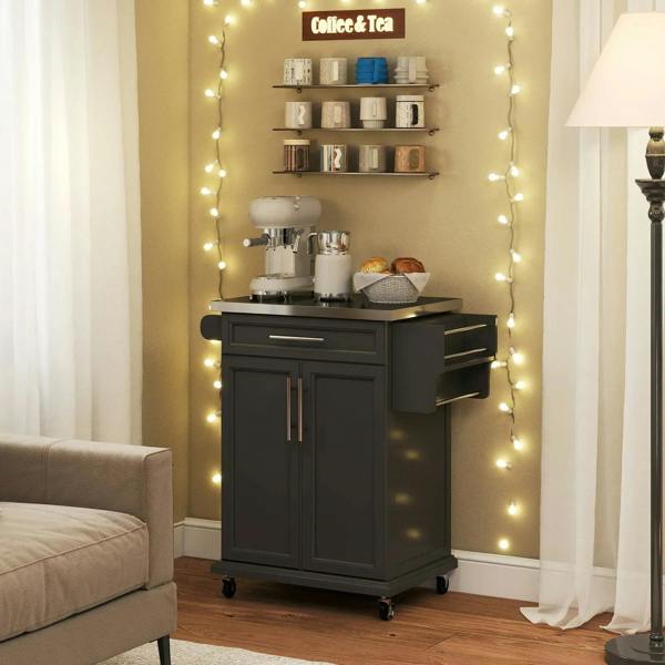 Black kitchen island serving cart with two-door cabinet, drawer, and side handle on wheels