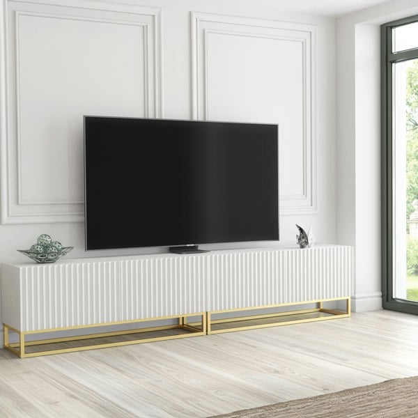 Mex Furniture Modular White TV Unit with Gold Base 200cm – Fluted Fronts & Push-Down Doors