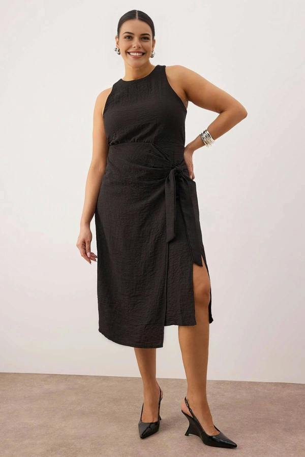 WOVCOR Flannel Midi Dress with Slit and Tie Detail