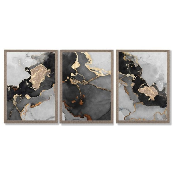 Artze Wall Art Framed Set of 3 Abstract Art prints of Paintings Black Grey and Gold