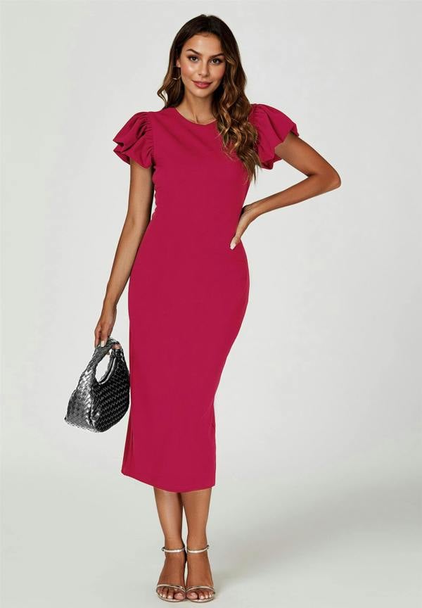FS Collection Volume Sleeve Bodycon Midi Dress In Fuchsia