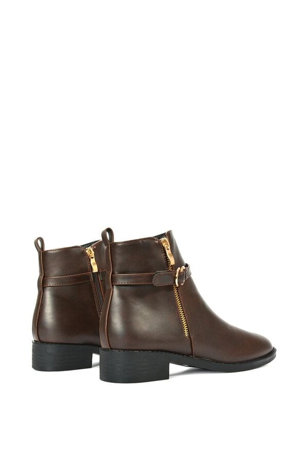 XY LONDON Flat Low Heel Ankle Booties With Decorative Buckle and Zip