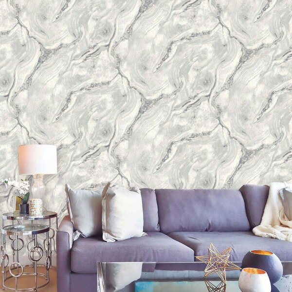 World Of Wallpaper Luxe Collection Mineral Effect Vinyl Textured Wallpaper - Silver/Grey
