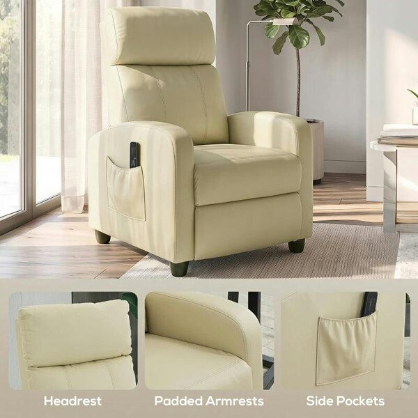 Recliner Armchair, Massage Faux Leather Push Back Reclining Chair with Adjustable Leg Rest, Side Pocket, Cream White