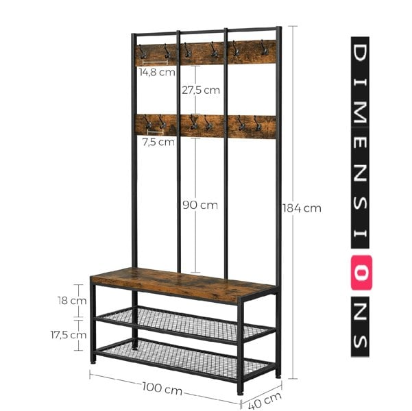 Modcraft Industrial Entryway Coat Rack with 12 Hooks and Bench