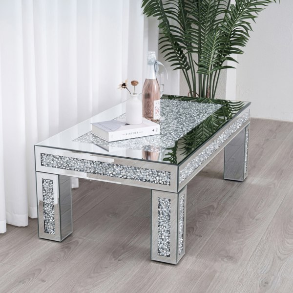 Comfy Living Rectangular Diamond Mirrored Crystal Coffee Table Living Room Furniture