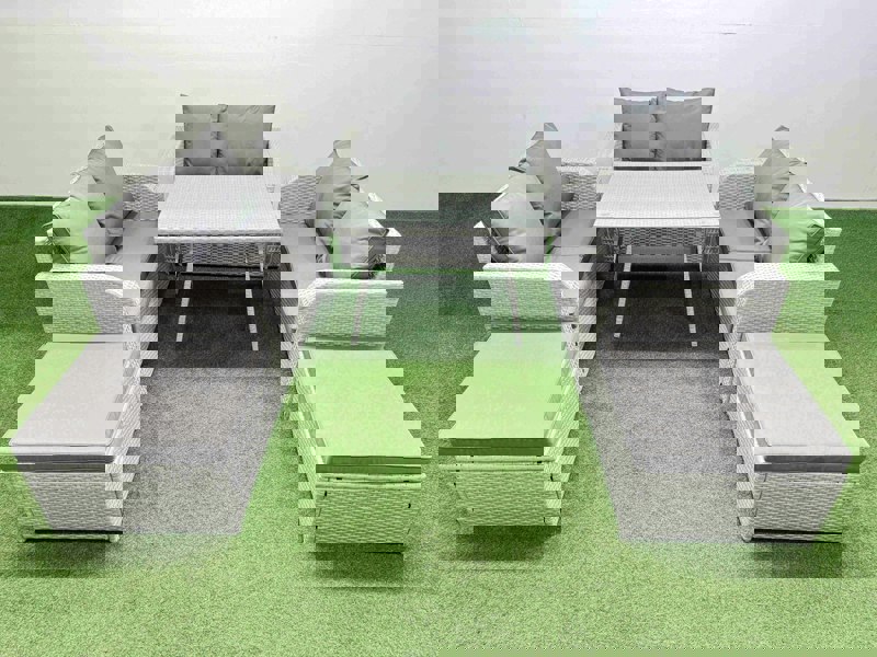 Fimous Rattan Garden Furniture Dining Set 8 seater Patio Rectangular Table Love Sofa Set with 2 Big Stools