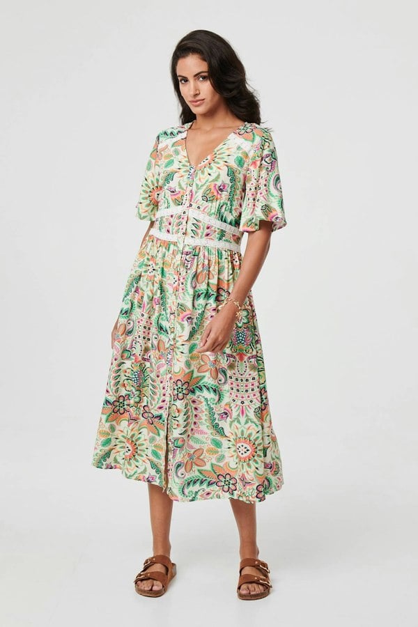 Green | Printed 1/2 Flared Sleeve Midi Dress
