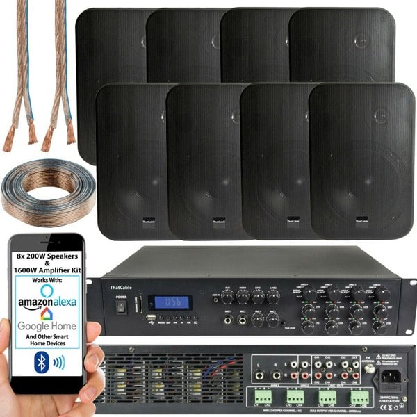 1600W Bluetooth Sound System 8x 200W Black Wall Speaker 8 Zone Matrix Amplifier