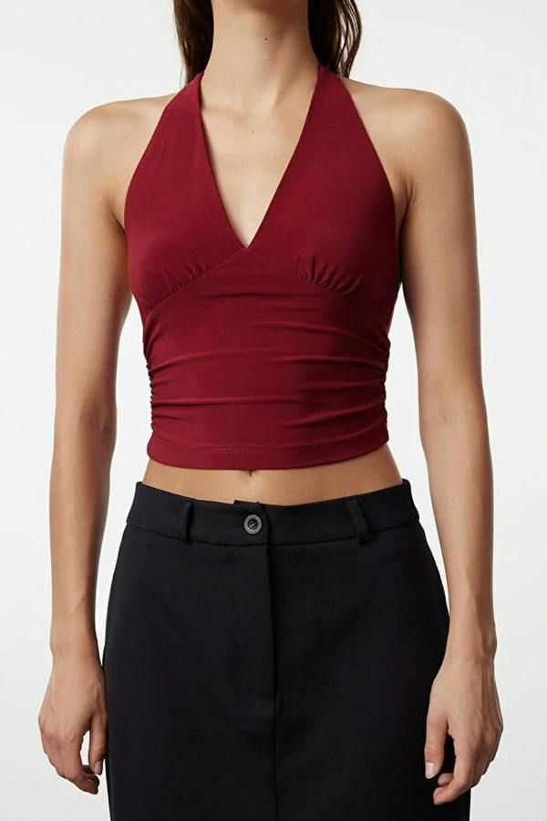 WOVCOR Halter Neck Patterned Fitted Crop Knit Blouse