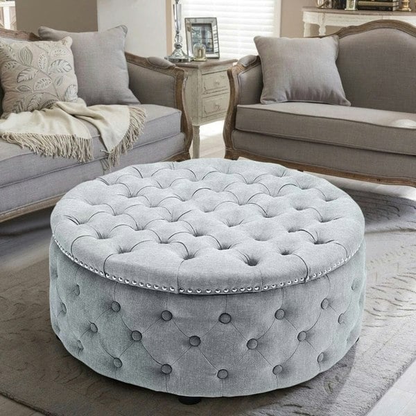 Dia 75cm Linen Tufted Round Cocktail Ottoman with Solid Wood Footstools Living and Home Grey White