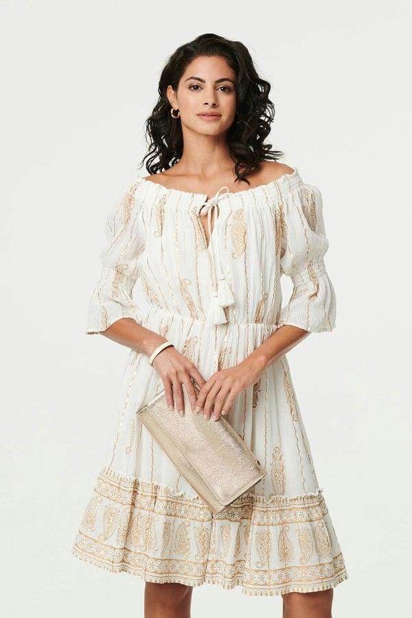 Cream | Ikat Print Knee Length Bardot Dress
