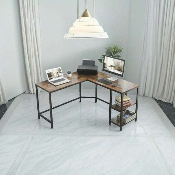 Modcraft Rustic Brown & Black L-Shaped Computer Desk with Storage Shelves – 138x138 cm