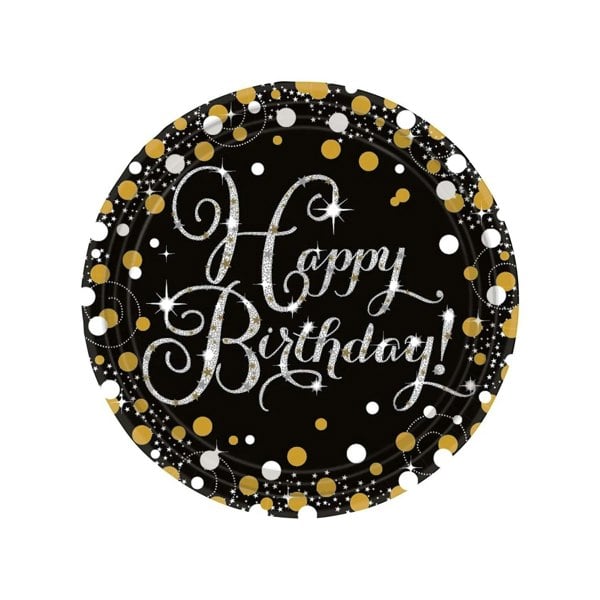 Amscan Sparkling Celebration Happy Birthday 9 " Paper Plates Pack of 8 Black Gold