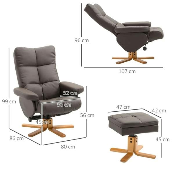 Brown PU leather swivel recliner with footstool and padded backrest, wooden base
