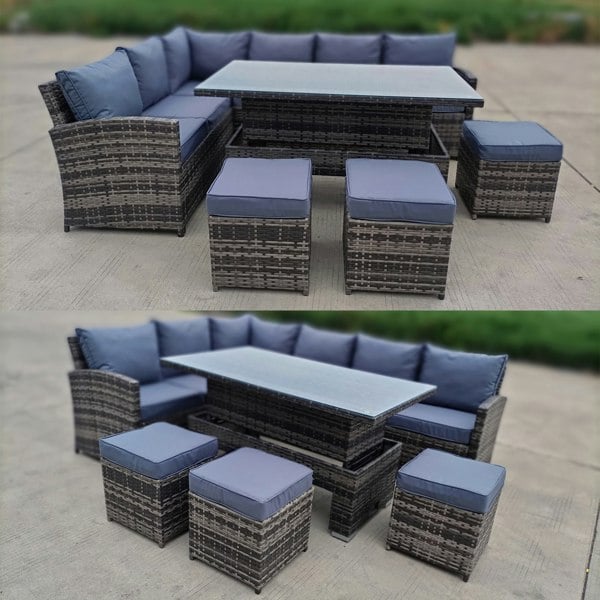 Furniture One 9 Seater Rattan Patio Dining Table Set with Table, Padded Corner Sofa, 3 Stool Outdoor Corner Sofa Set, All-Weather Patio Set