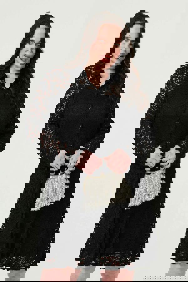 Black | Curve Lace Layer Long Sleeve Mini Shirt Dress