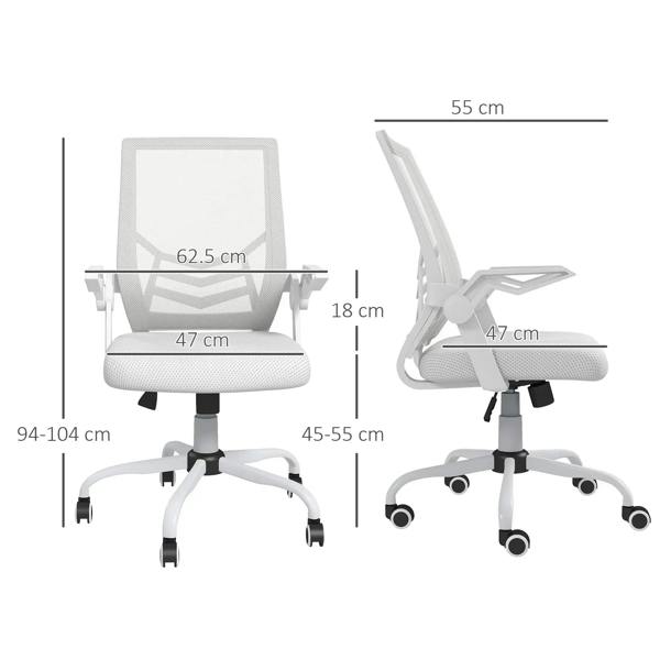 White mesh office chair with padded seat, flip-up armrests, and height-adjustable base