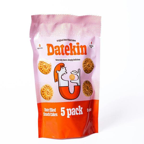 Datekin 5-pack date snack cakes packaging on a white background side view.