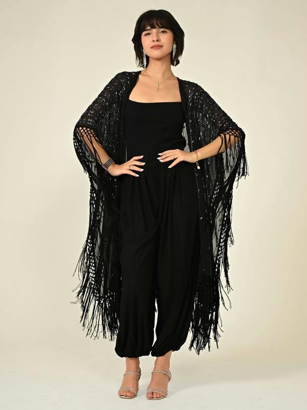 Rose & Nancy Fi Black Statement Hand Embellished Fringe Trim Kimono