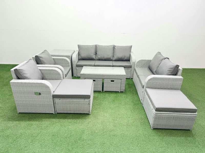 Fimous PE Wicker Rattan Furniture Sets with Oblong Coffee Table Love Sofa Reclining Chair 3 Seater Sofa 4 Stools Side Table Light Grey Mixed